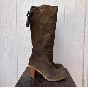 Vintage 80s Olive Green Suede Knee High Boots with Tassel Detail